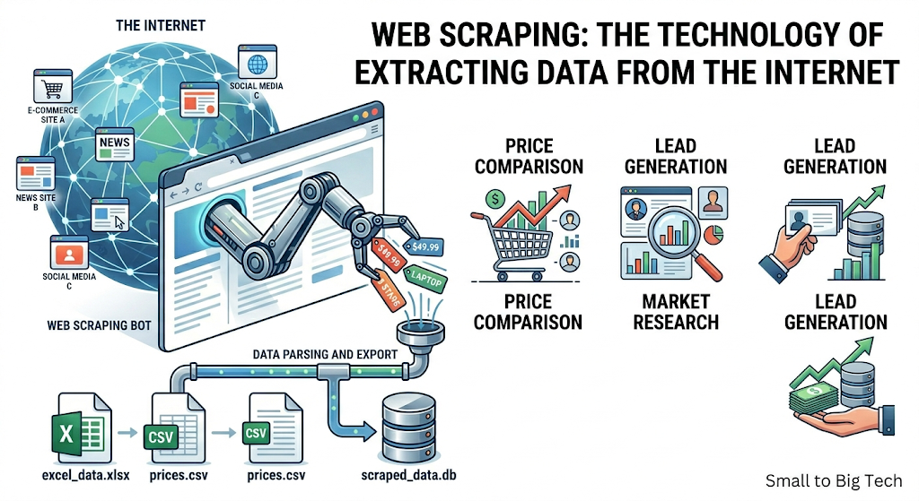 What is Web Scraping? A Complete Guide to Data Extraction Infographic explaining web scraping technology, data extraction process from internet to database, and its use cases like price comparison.