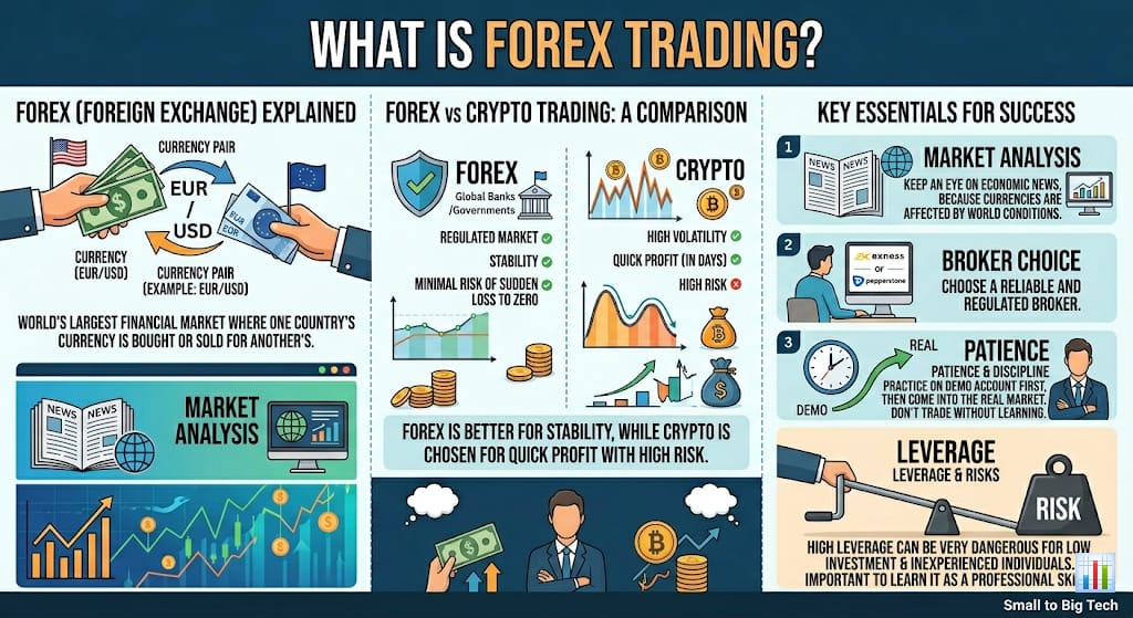 Infographic explaining what is forex trading, comparing it with crypto trading, and highlighting key essentials for success like market analysis and risk management.