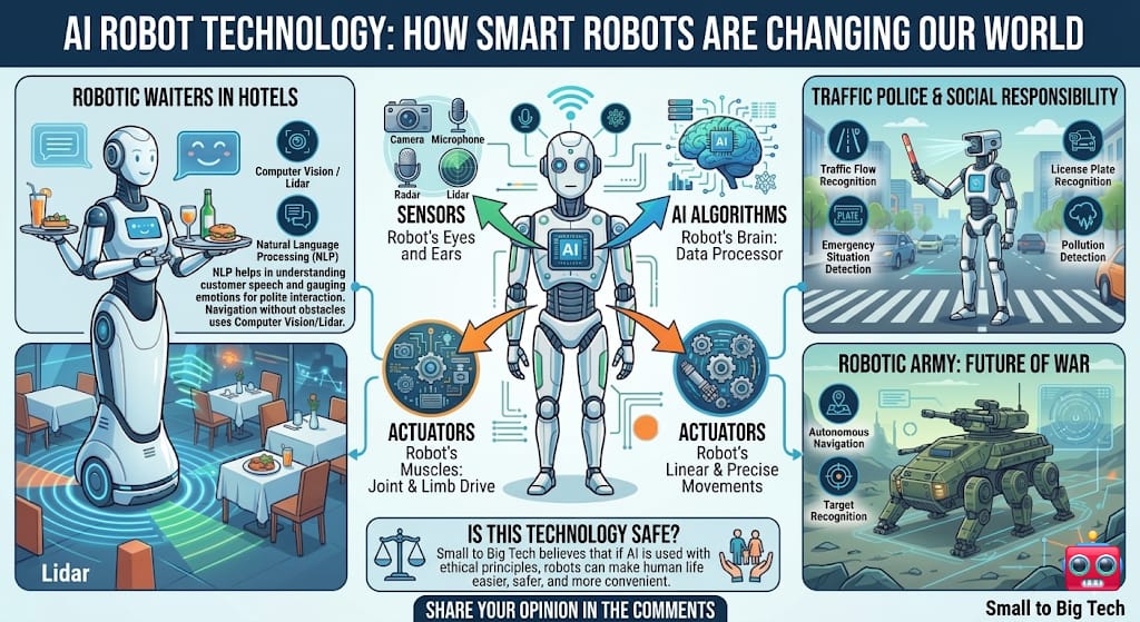 AI Robot Technology: How Smart Robots Are Changing Our World Infographic illustrating AI robot technology components like sensors, AI algorithms, and actuators, and their applications as waiters, traffic police, and in military roles.