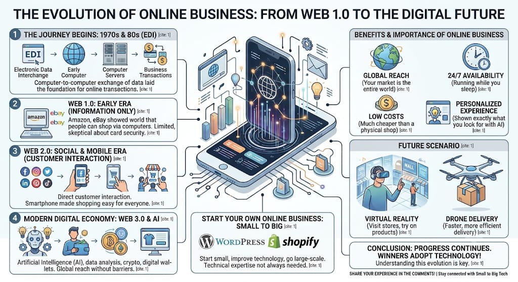 Infographic illustrating the evolution of online business, from early EDI transactions to the Web 1.0 era, the social/mobile age of Web 2.0, and the modern Web 3.0/AI digital economy.