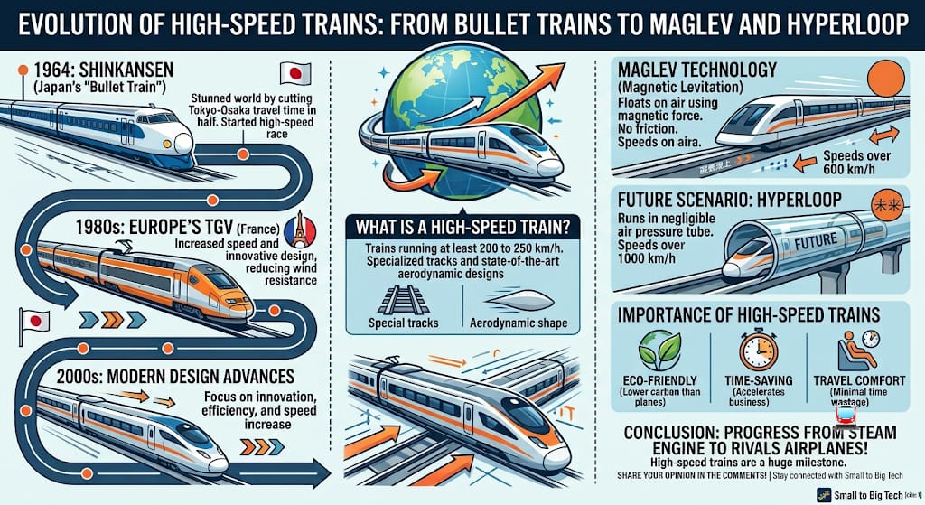 Infographic showing the evolution of high-speed trains, from Japan's 1964 Shinkansen and Europe's TGV to modern Maglev technology and the future concept of Hyperloop.